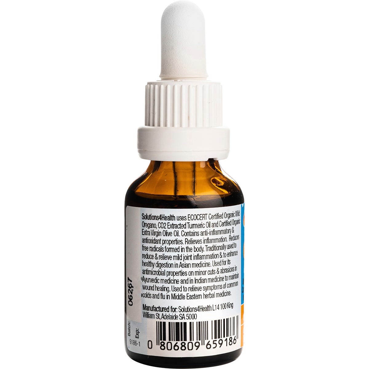 Solutions 4 Health Oil of Wild Oregano and Turmeric Oil 25ml bottle and box from a left-side angle.
