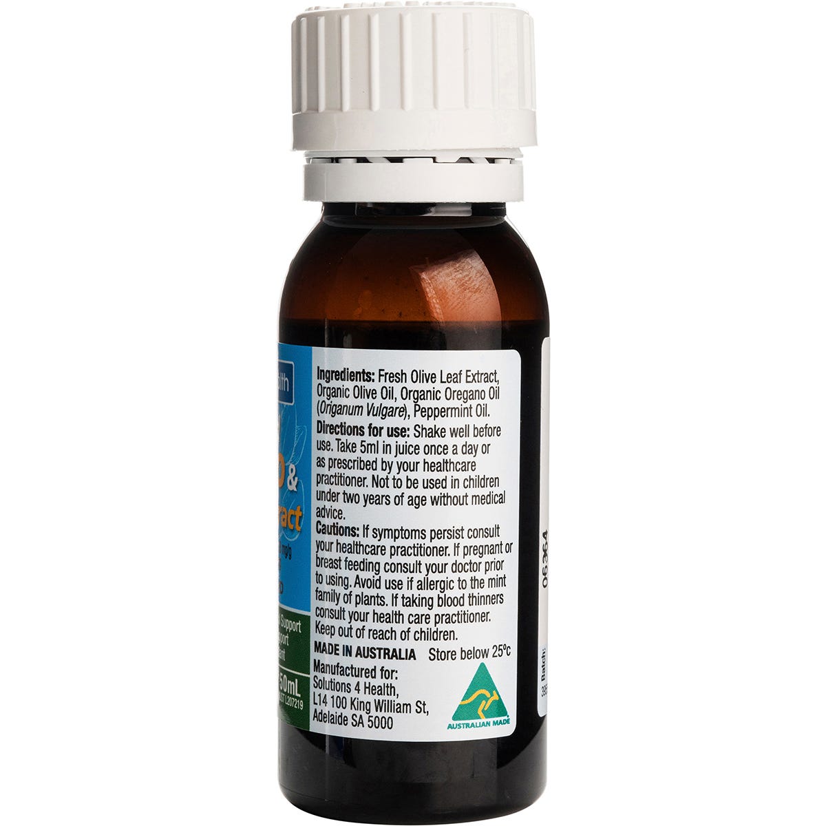 Right side of a Solutions 4 Health Fortified Defence 50ml bottle showing ingredients and Australian-made logo.