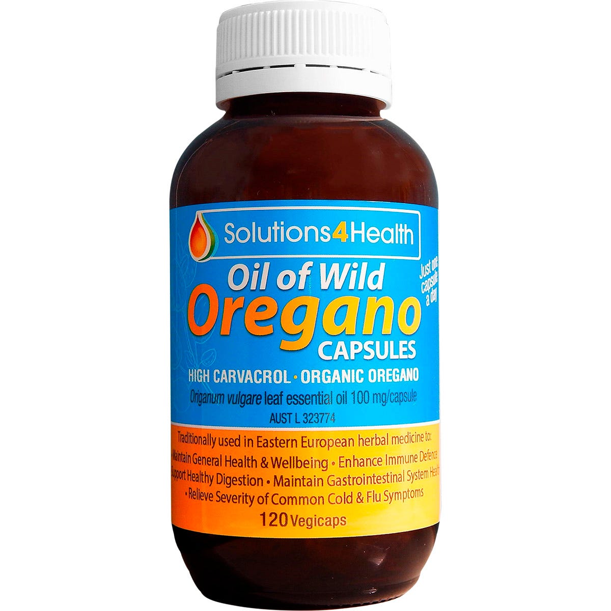 120 count bottle of Solutions 4 Health Oil of Wild Oregano VegeCaps for immune and respiratory support.