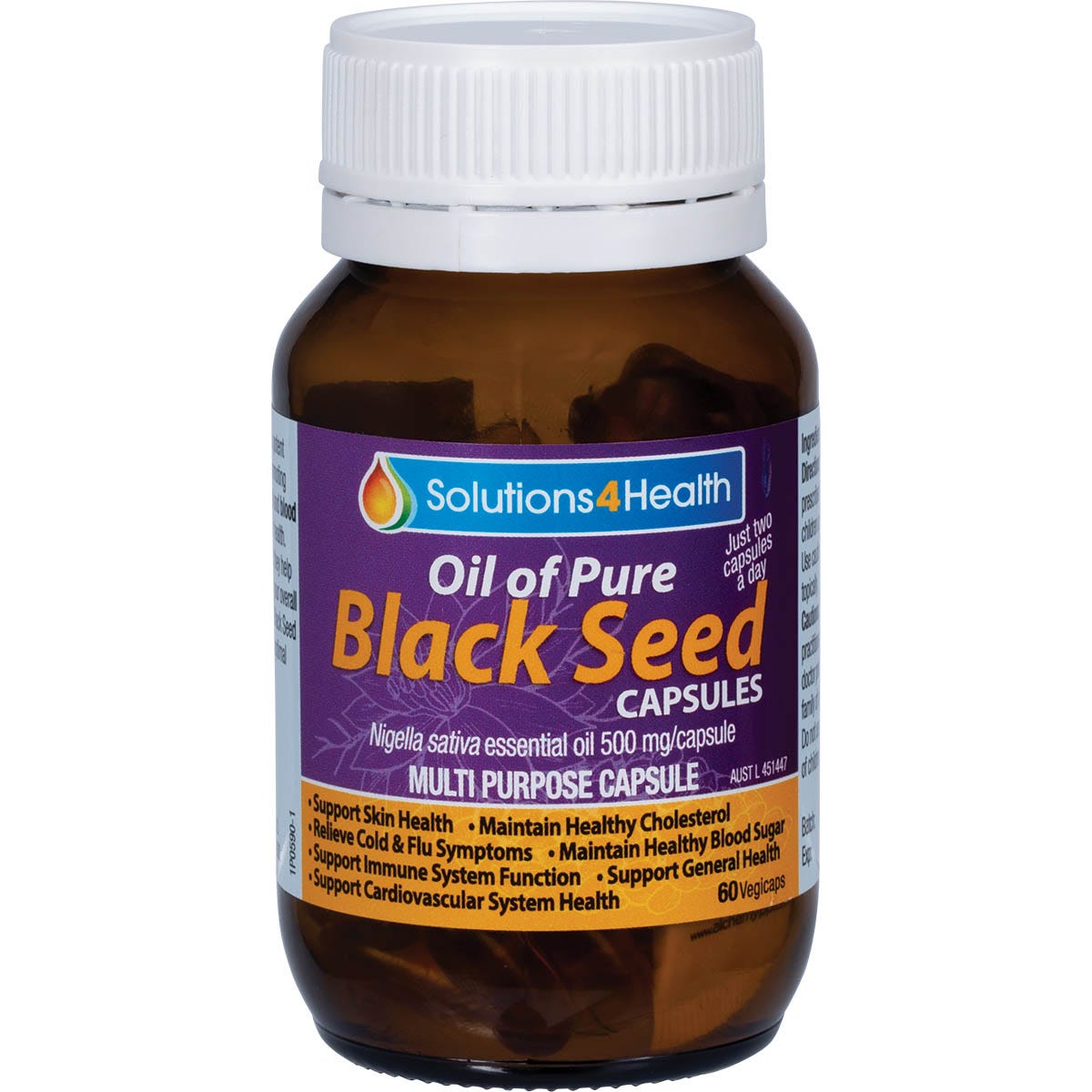 Bottle of 60 Solutions 4 Health Oil of Pure Black Seed VegeCaps featuring a black label with a purple and green leaf.