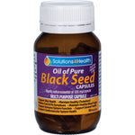 Bottle of 60 Solutions 4 Health Oil of Pure Black Seed VegeCaps featuring a black label with a purple and green leaf.