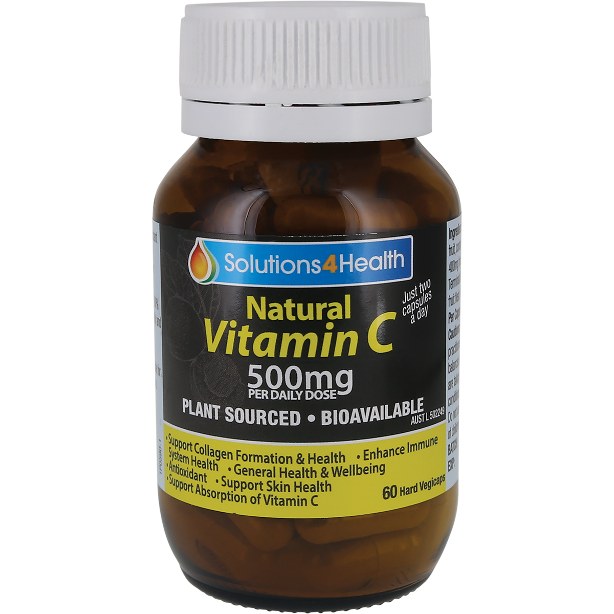 A bottle of Solutions4Health Natural Vitamin C 500mg dietary supplement, featuring a dark amber brown bottle, white cap, and a black label with yellow and blue text.