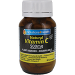 A bottle of Solutions4Health Natural Vitamin C 500mg dietary supplement, featuring a dark amber brown bottle, white cap, and a black label with yellow and blue text.