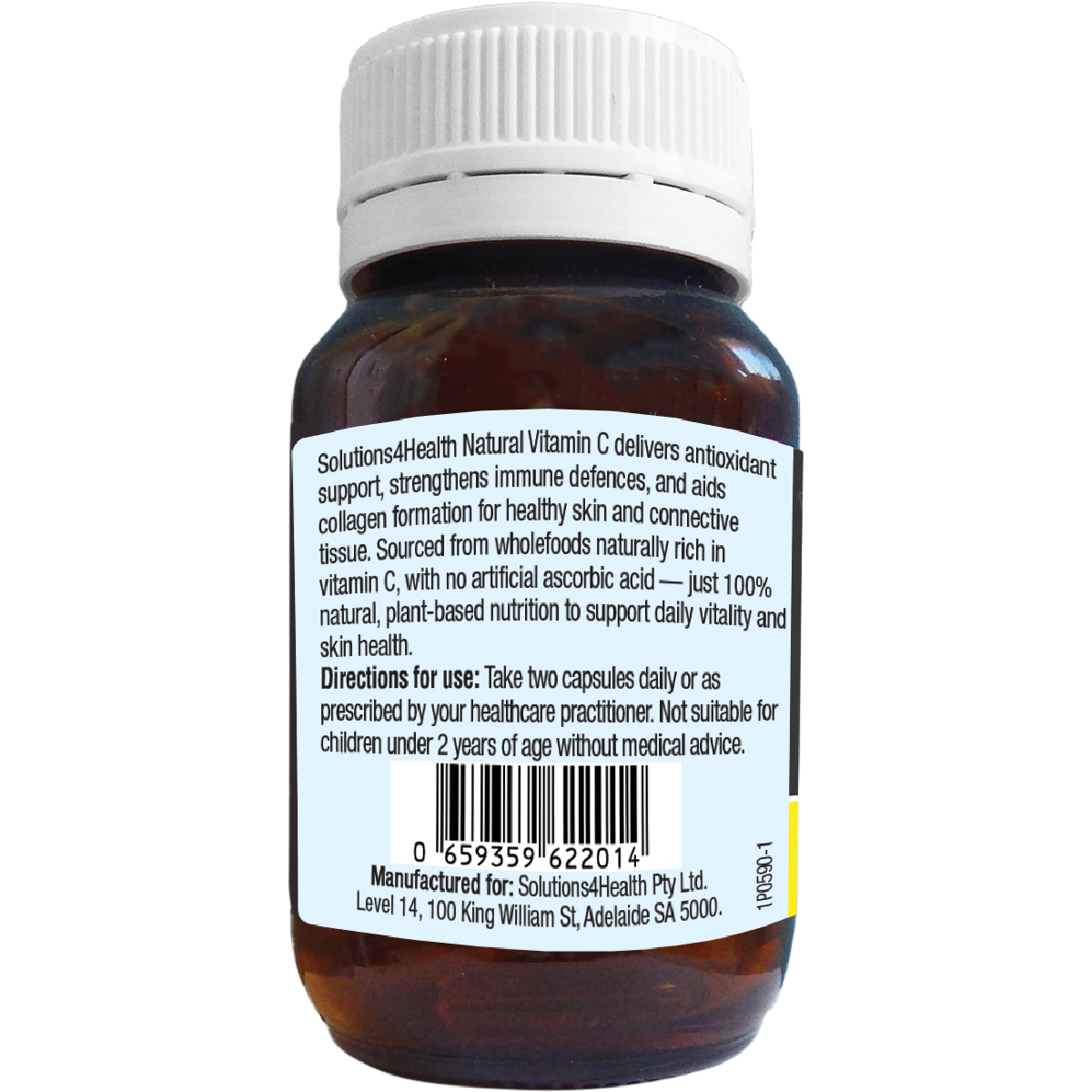 Back view of an amber plastic bottle with a white ribbed cap, showing the product label text for Solutions4Health Natural Vitamin C on a white background.