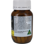 An amber glass supplement bottle with a white ribbed cap, showing the back label with ingredients, warnings, and the Australian Herbal Medicines logo, on a white background.