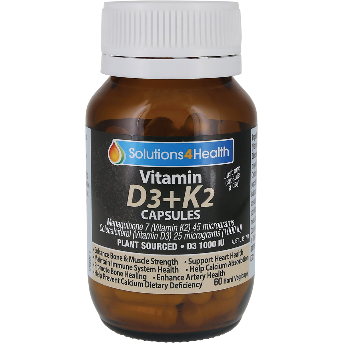 A bottle of Solutions4Health Vitamin D3+K2 capsules on a plain white background.