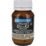 A bottle of Solutions4Health Vitamin D3+K2 capsules on a plain white background.