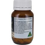An amber glass bottle of Menaquinone 7 dietary supplement with a white cap, showing the back label with text and an Australian Made logo.