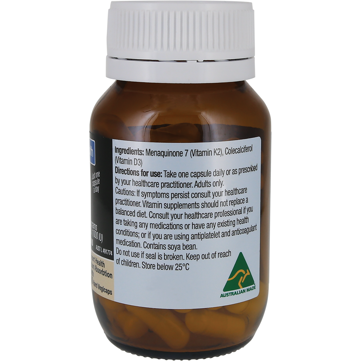 An amber glass bottle of Menaquinone 7 dietary supplement with a white cap, showing the back label with text and an Australian Made logo.