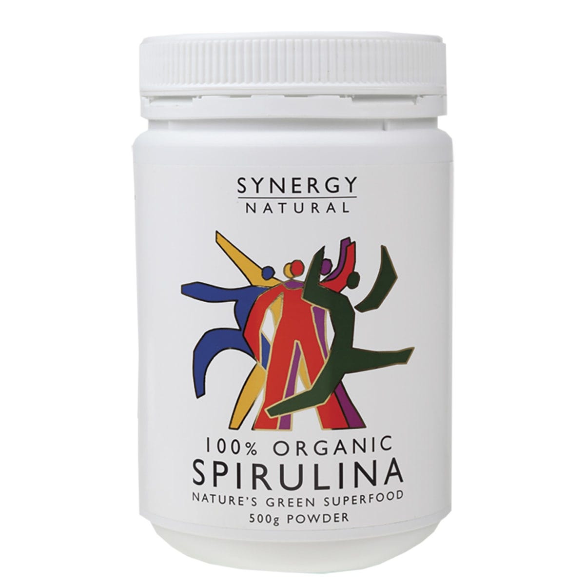 Synergy Organic Spirulina Powder 500g in a blue and white bottle with green illustrations of spirulina cells.