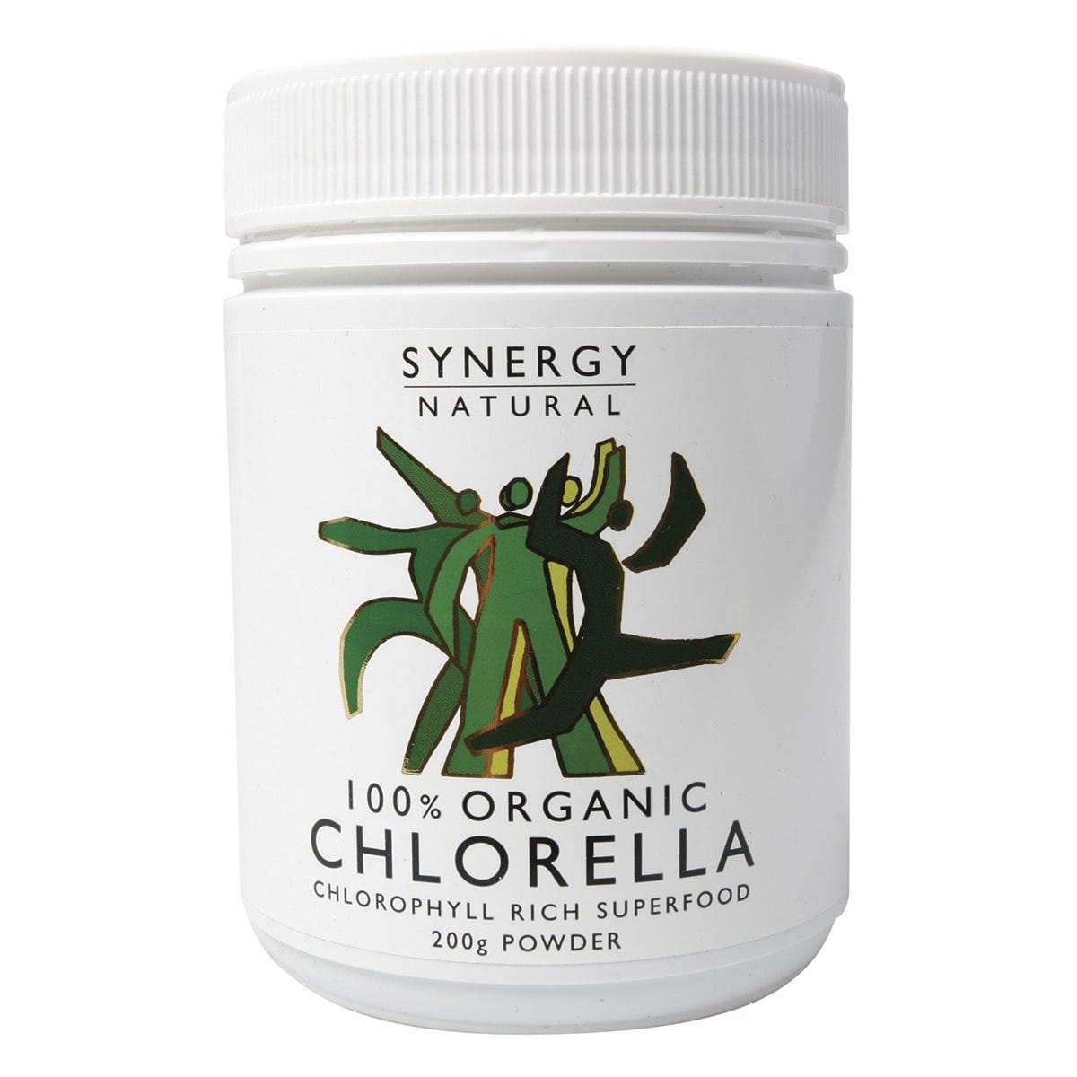200g tub of Synergy Organic Chlorella Powder, a nutrient-dense green superfood for detox and immune support.