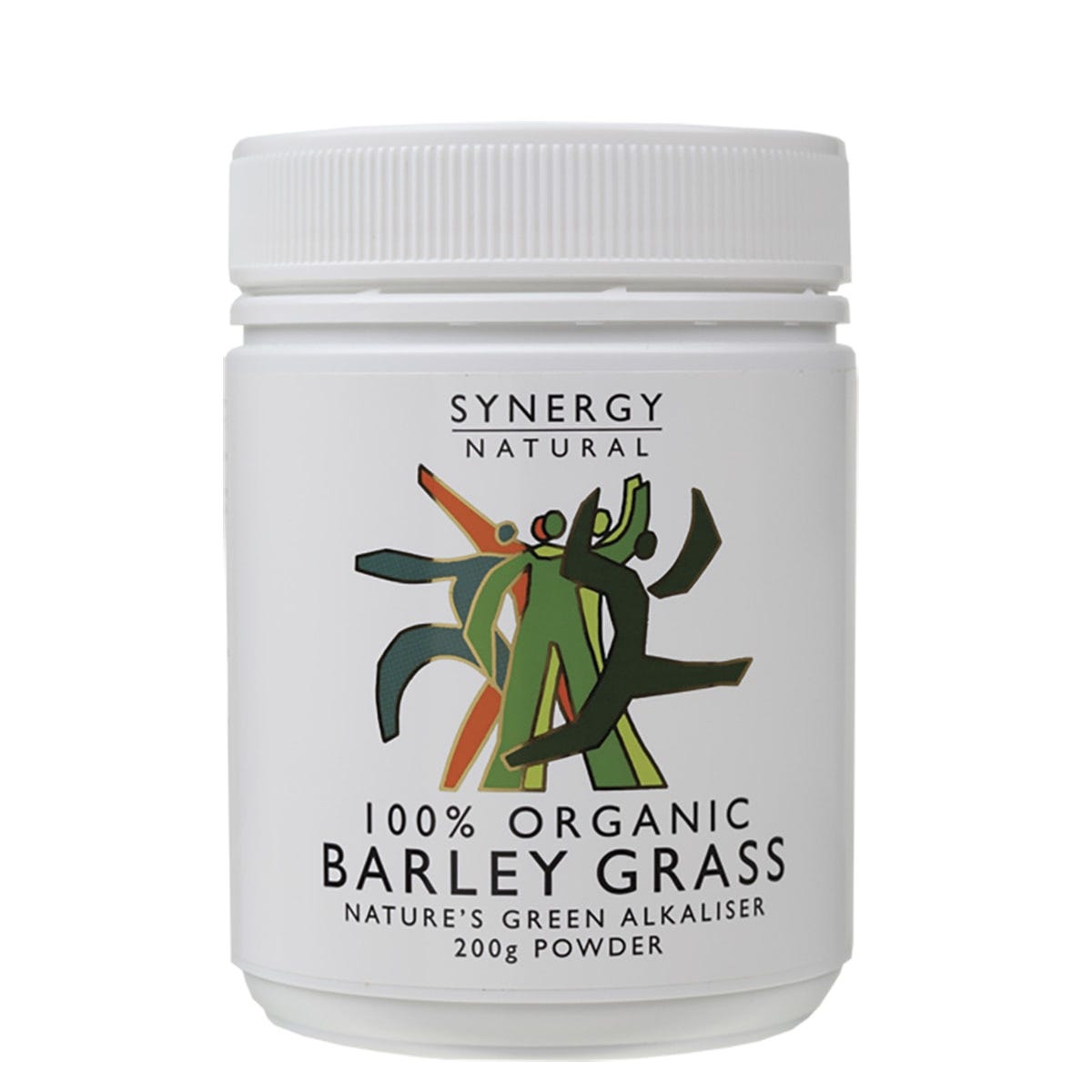 200g tub of Synergy Natural Organic Barley Grass Powder featuring a green label with a field of grass.