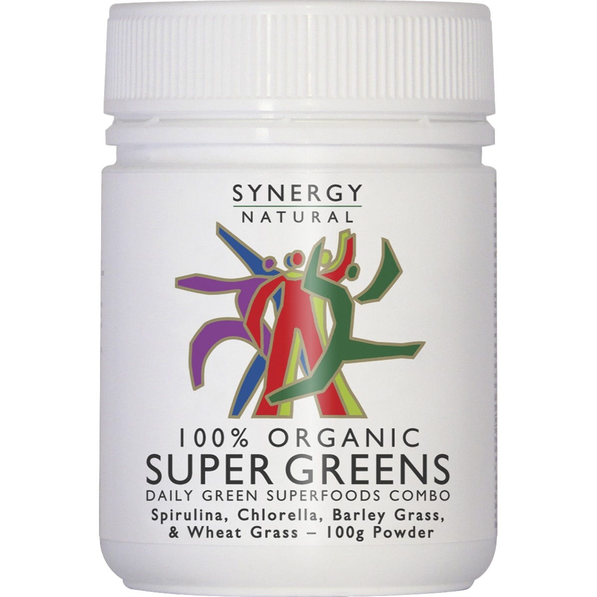 100g tub of Synergy Organic Super Greens Powder featuring spirulina, chlorella, barley grass, and wheat grass.