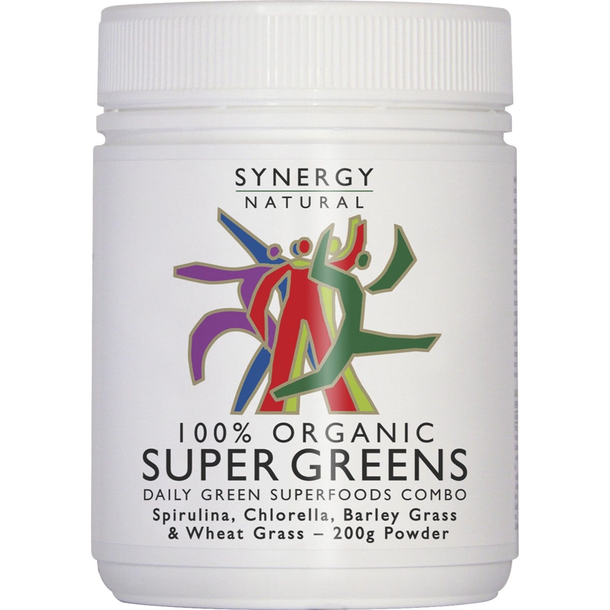 Synergy Organic Super Greens 200g tub with spirulina, chlorella, barley and wheat grass on a white background.