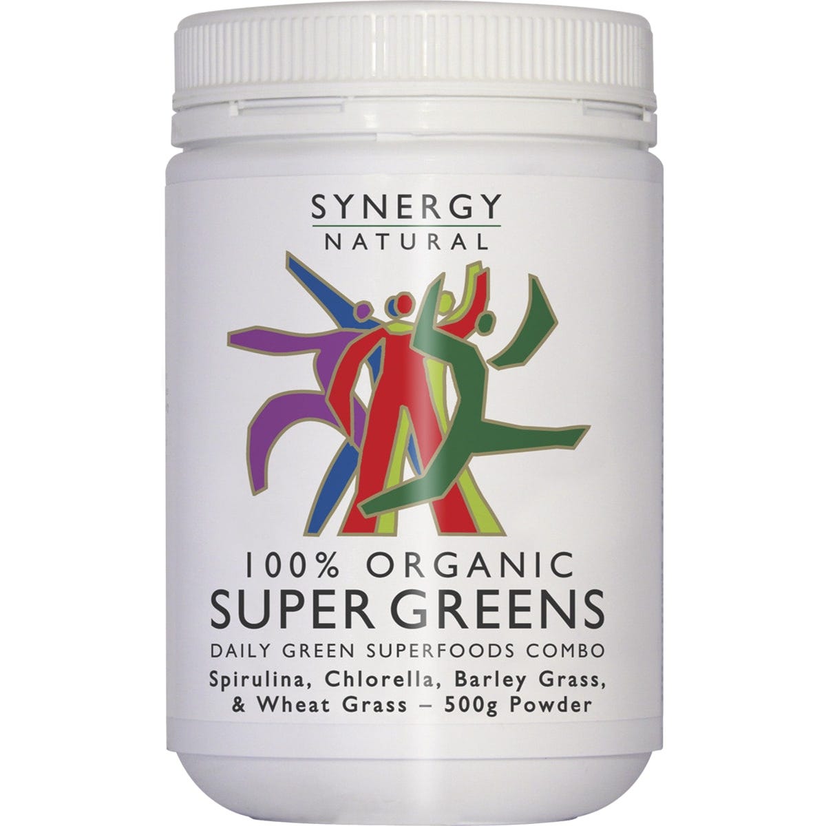 500g tub of Synergy Organic Super Greens Powder featuring a blend of spirulina, chlorella, barley grass, and wheat grass.