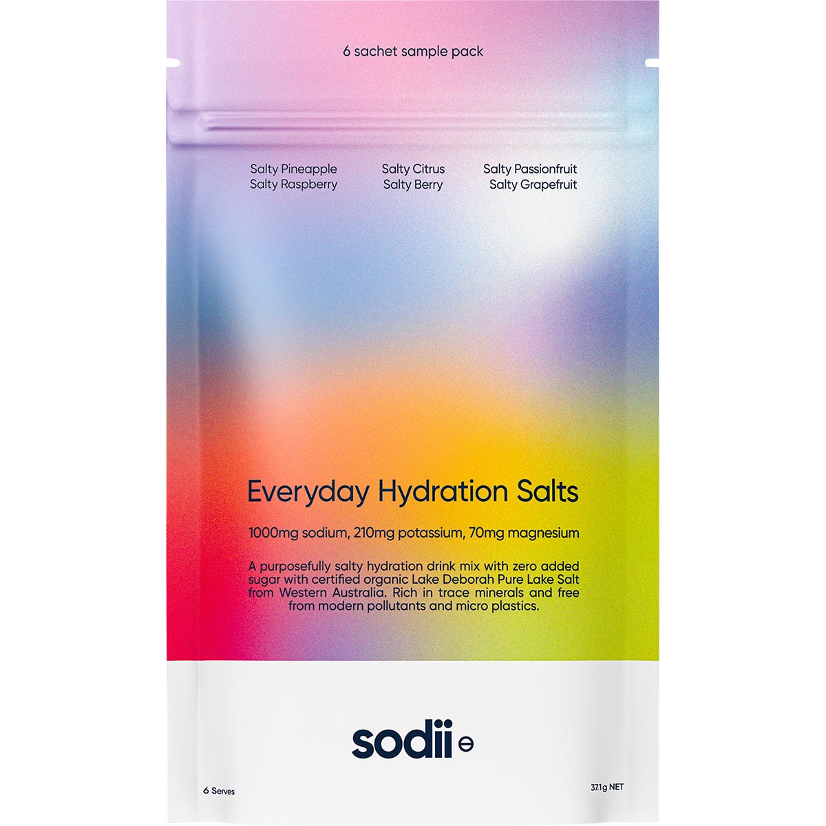Six-pack of Sodii Everyday Hydration Salts in mixed flavors, featuring 1000mg sodium and essential electrolytes.