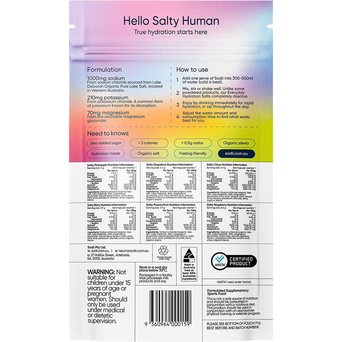 Back of Sodii Everyday Hydration Salts mixed 6-pack box showing nutritional information and directions.