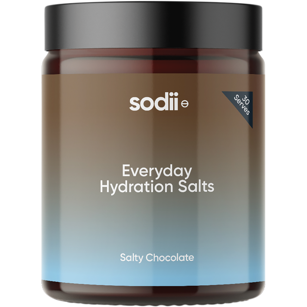 A jar of sodii Everyday Hydration Salts in the flavor Salty Chocolate. The product is in a dark amber-brown jar with a black lid, featuring a label that transitions from brown to light blue, with white text.