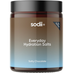 A jar of sodii Everyday Hydration Salts in the flavor Salty Chocolate. The product is in a dark amber-brown jar with a black lid, featuring a label that transitions from brown to light blue, with white text.