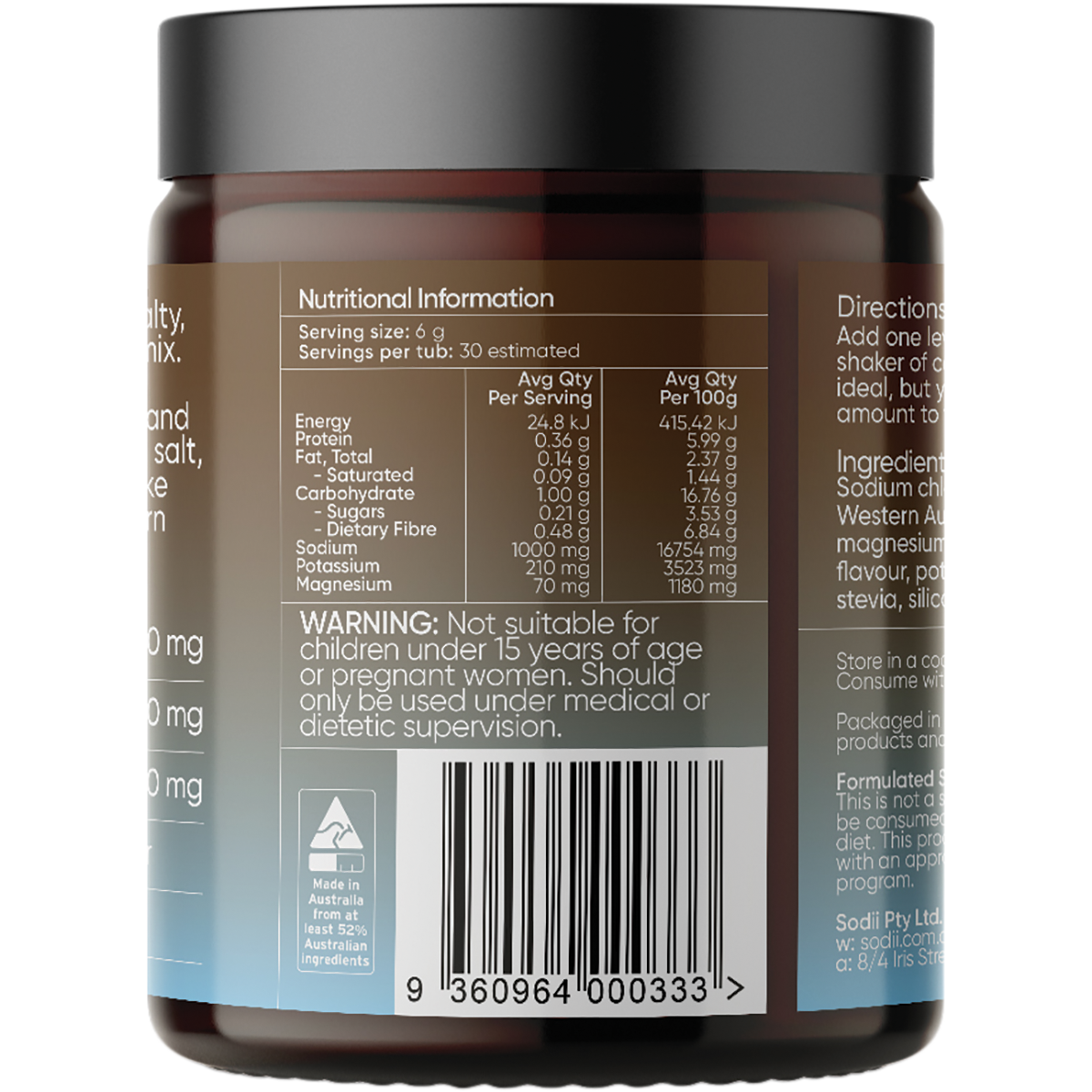 Back view of a brown plastic supplement jar with a black lid, showing the nutritional information panel, warning label, and barcode on a white background.