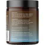 Back view of a brown supplement powder jar with a black lid, showing the directions and ingredients text on a white background.