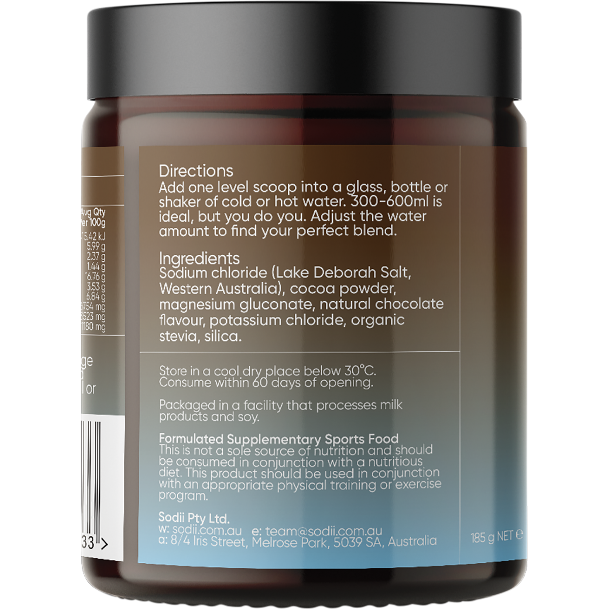 Back view of a brown supplement powder jar with a black lid, showing the directions and ingredients text on a white background.