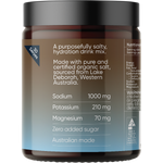 A dark amber plastic jar of Lake Deborah Organic Salt drink mix with a black lid and a brown-to-blue label, shown on a white background.
