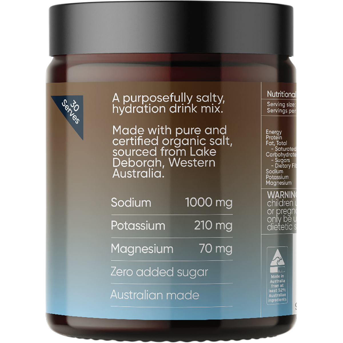 A dark amber plastic jar of Lake Deborah Organic Salt drink mix with a black lid and a brown-to-blue label, shown on a white background.