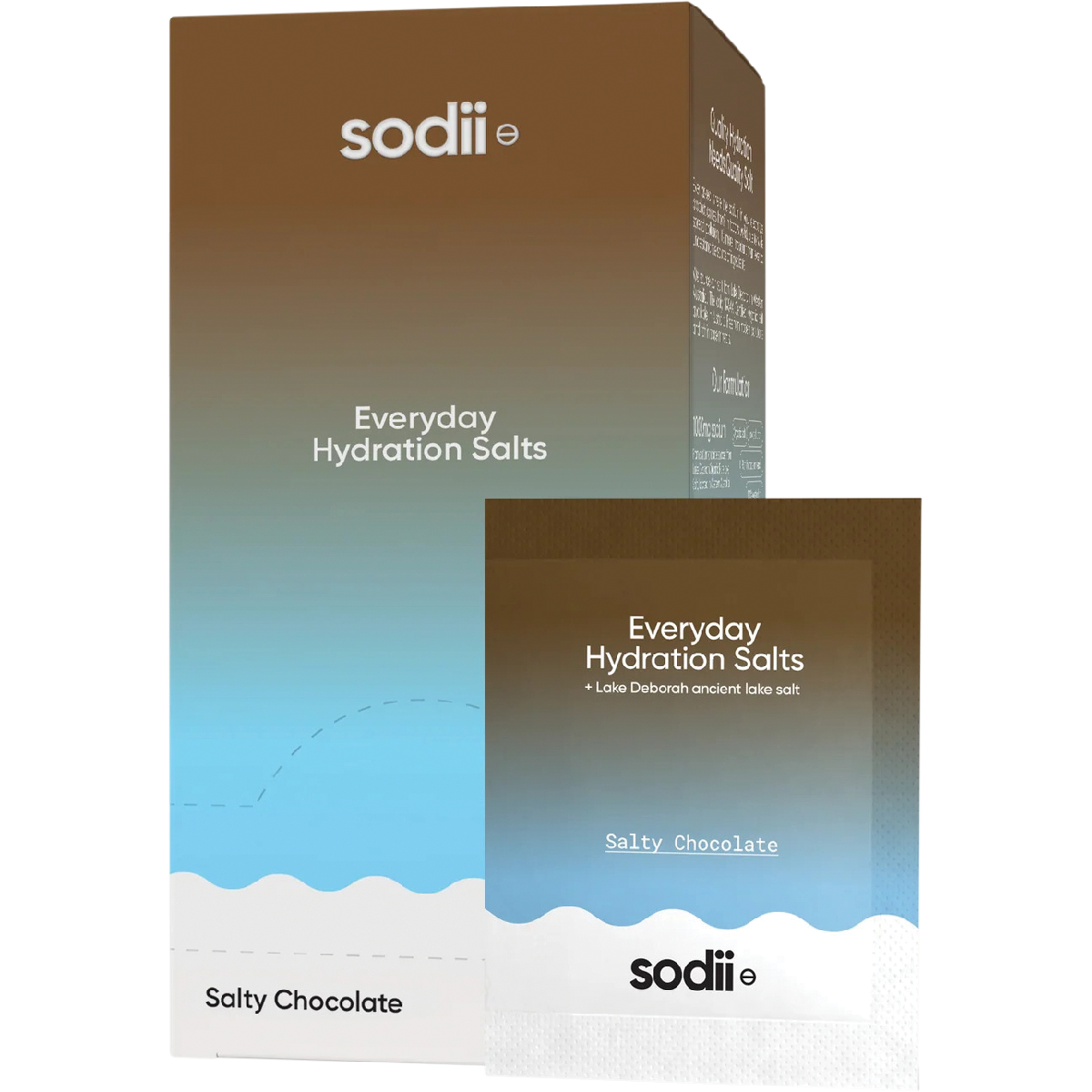 Sodii Everyday Hydration Salts in Salty Chocolate flavor, showing the retail box and an individual sachet with a brown-to-blue gradient design on a white background.