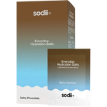 Sodii Everyday Hydration Salts in Salty Chocolate flavor, showing the retail box and an individual sachet with a brown-to-blue gradient design on a white background.