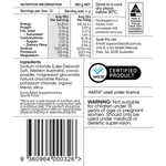 Back label of a 180g net chocolate-flavoured powder product, showing nutrition information, ingredients list, storage instructions, a HASTA Certified Product logo, and a barcode on a white background.