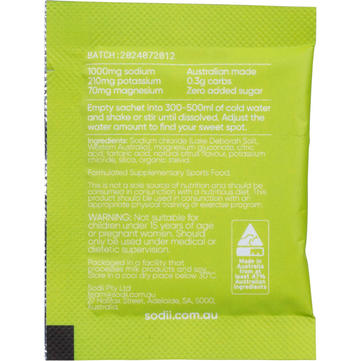 Back of Sodii Salty Citrus sachet with nutrition facts, ingredients, directions, and Australian lake salt logo.