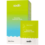 Sodii Salty Citrus 30-pack of hydration salt sachets and a display box featuring Australian lake salt.