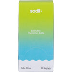 Sodii Salty Citrus 30-pack display box featuring a yellow and white design with Australian lake salt details.