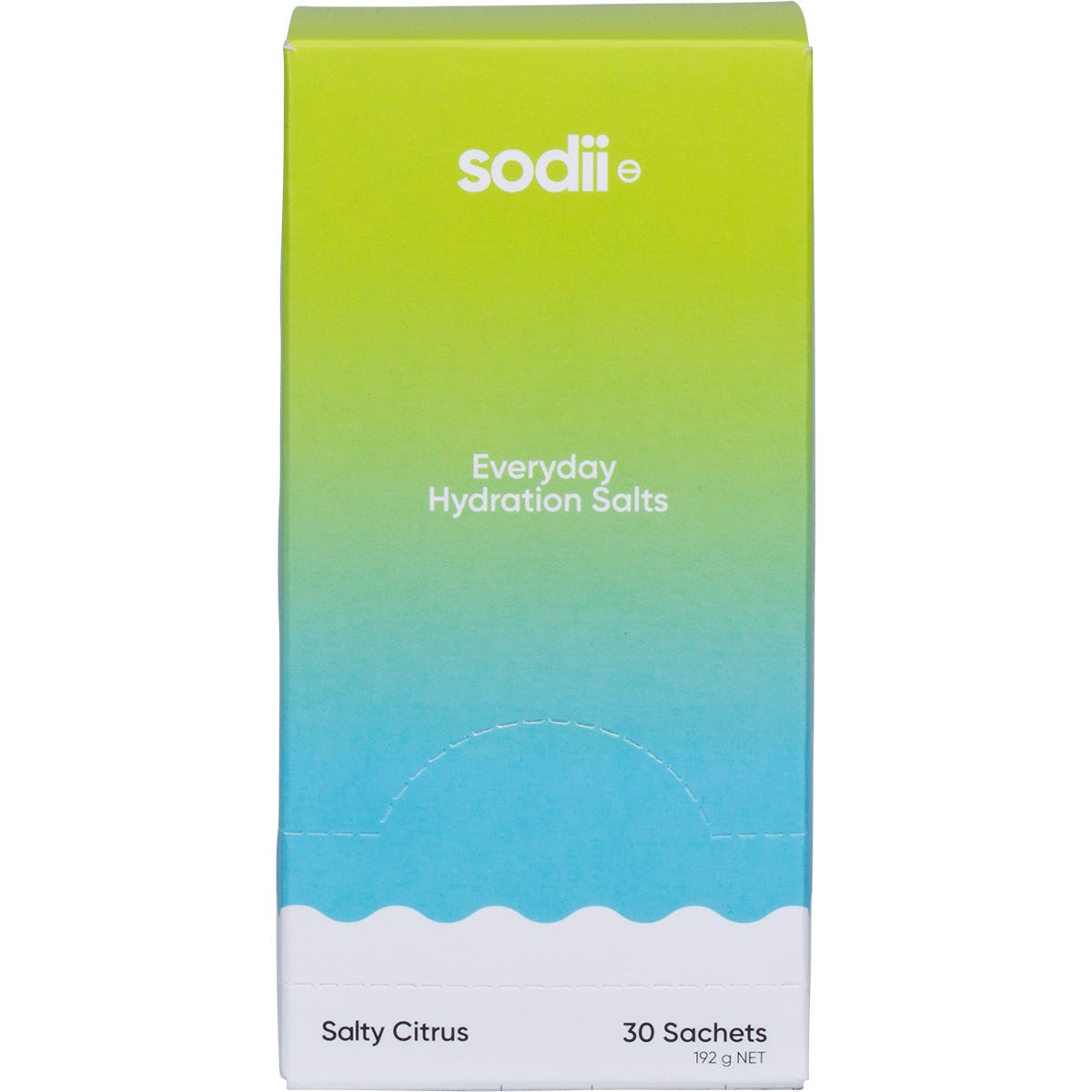 Sodii Salty Citrus 30-pack display box featuring a yellow and white design with Australian lake salt details.