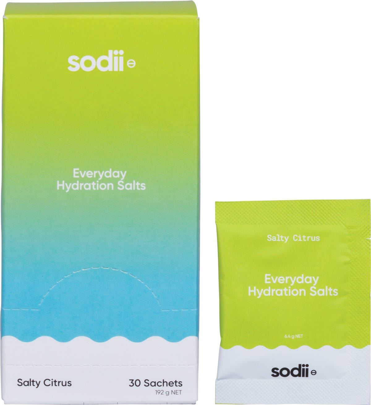 Sodii Salty Citrus hydration salts shown as a single sachet and a 30-pack display box on a white background.