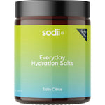 185g tub of Sodii Everyday Hydration Salts in Salty Citrus flavor, featuring a white and yellow label.