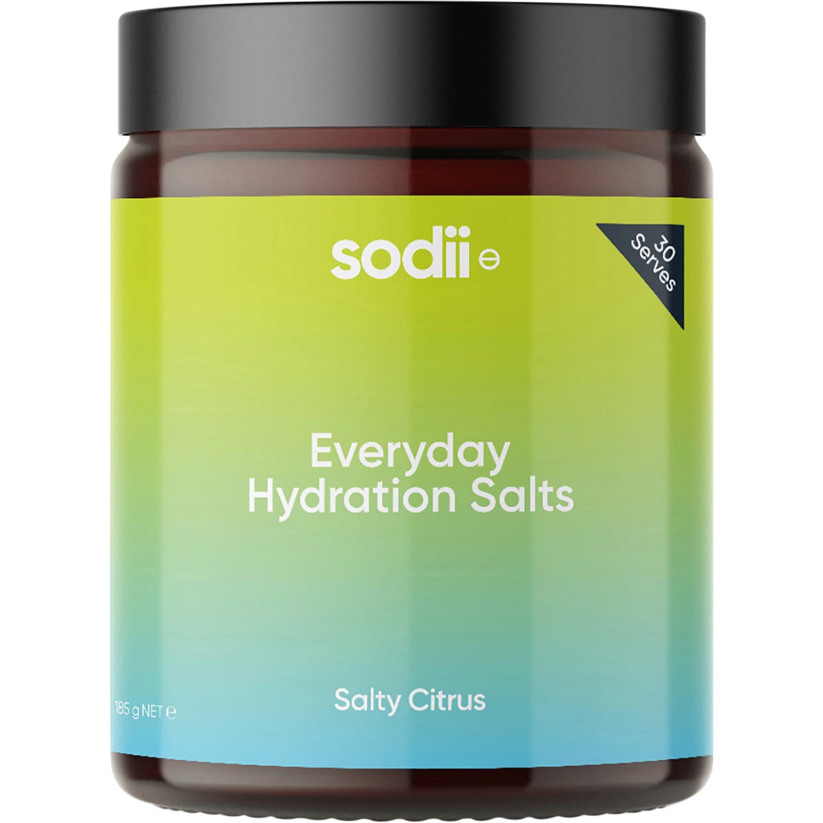 185g tub of Sodii Everyday Hydration Salts in Salty Citrus flavor, featuring a white and yellow label.