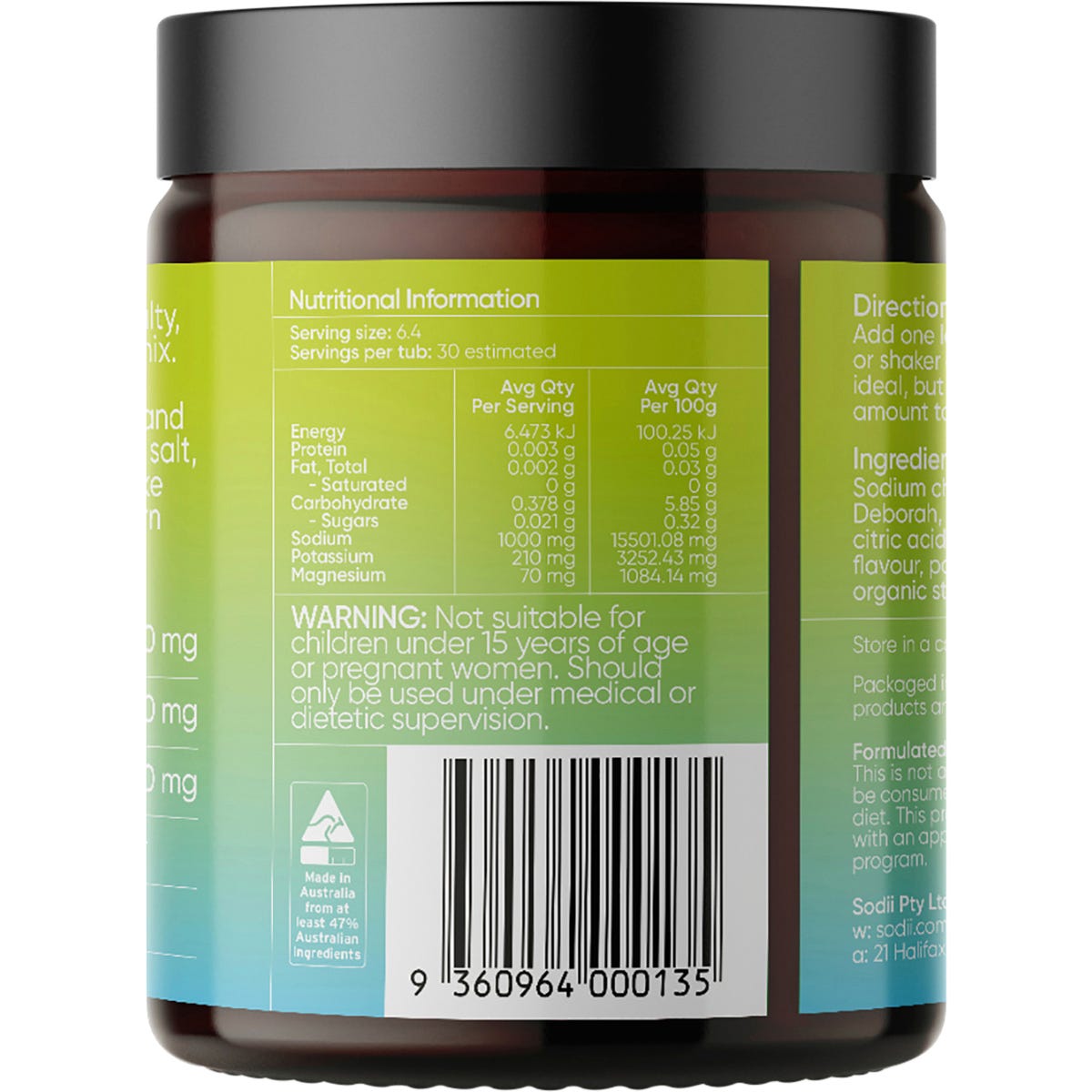 Back of a 185g Sodii Salty Citrus Hydration Salts tub showing nutritional information and directions.