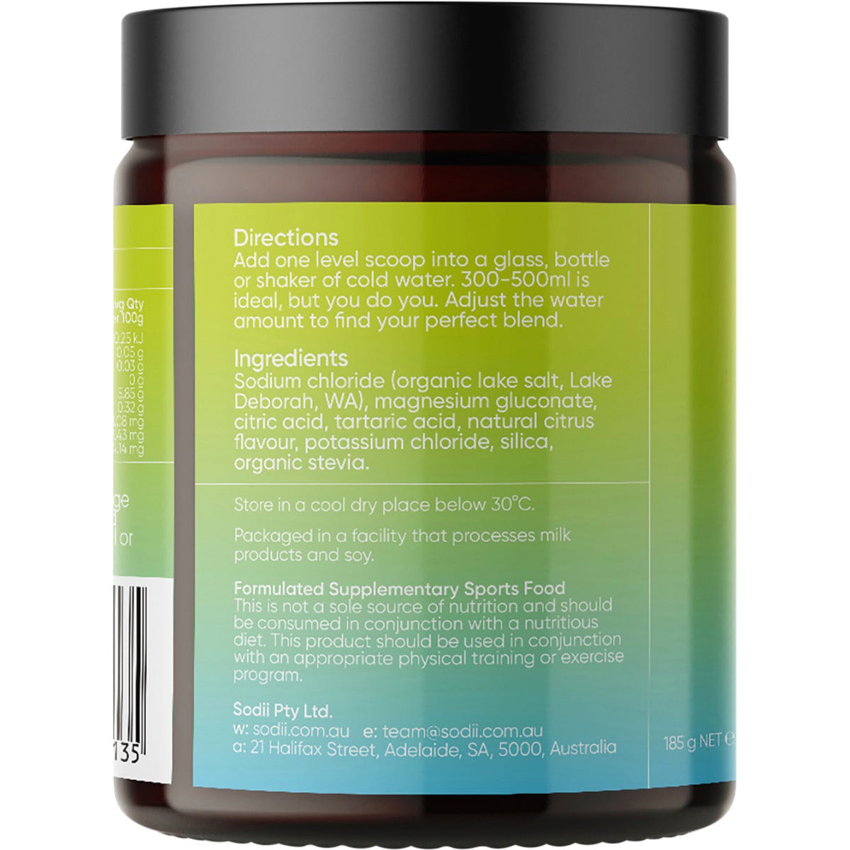 Side view of a 185g Sodii Salty Citrus Hydration Salts tub highlighting key electrolyte ingredients and benefits.