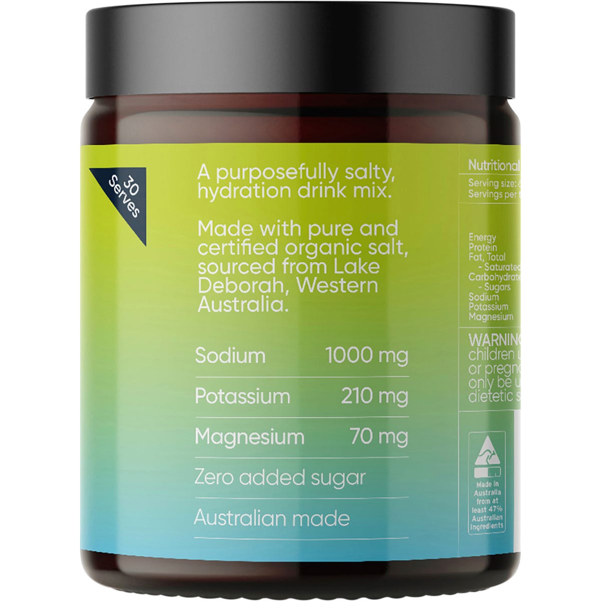 Side view of a 185g Sodii Salty Citrus Hydration Salts tub highlighting the "Purposefully Salty" benefits and features.