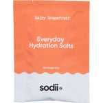 A single Sodii Salty Grapefruit hydration sachet on a white background with orange and white text.