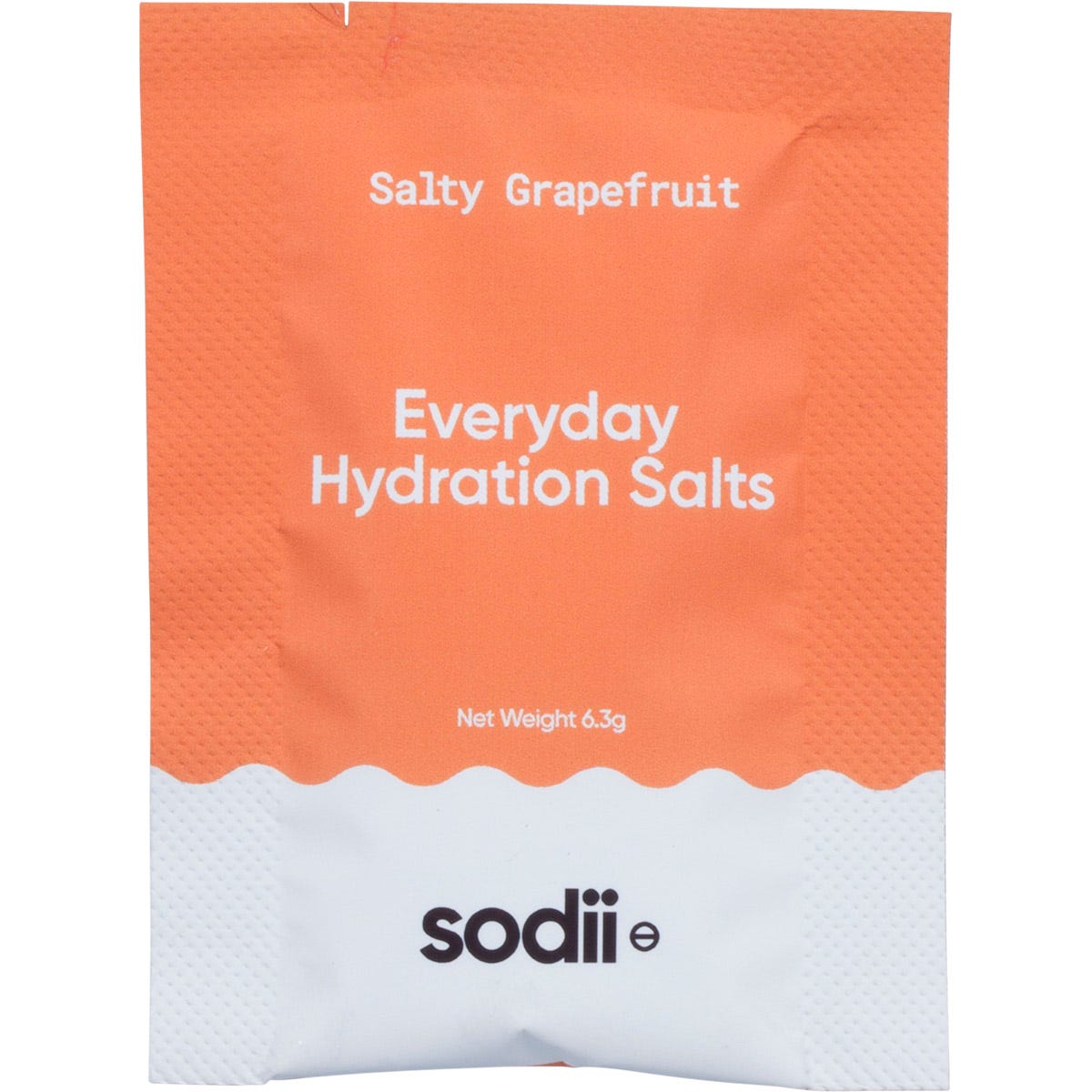 A single Sodii Salty Grapefruit hydration sachet on a white background with orange and white text.