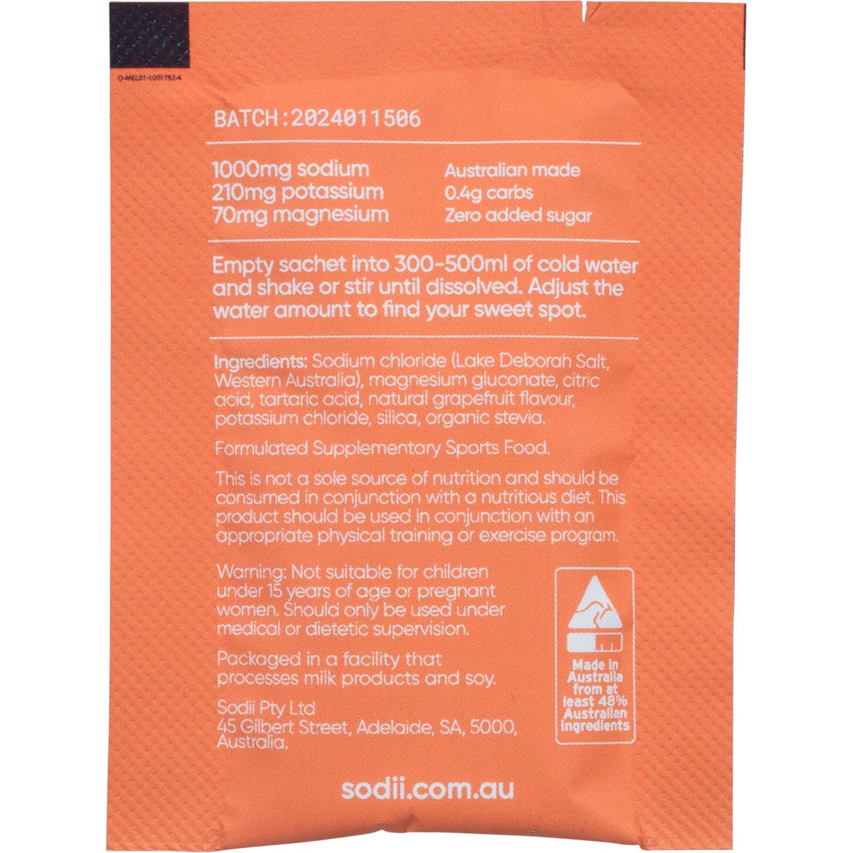 Back of Sodii Salty Grapefruit sachet showing nutrition facts, ingredients, and directions for use.