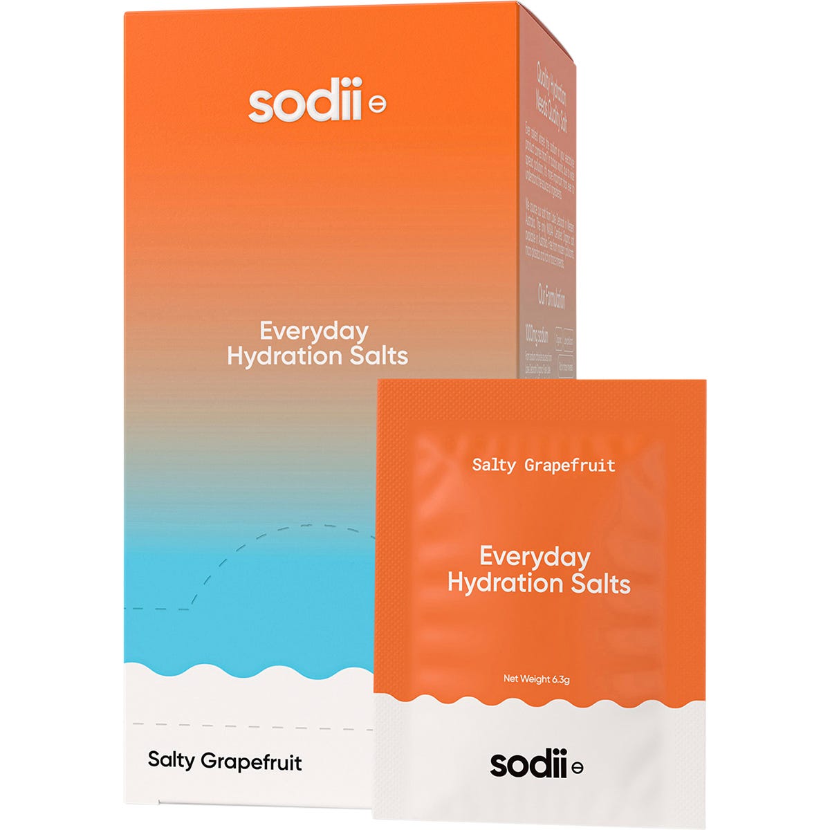 30 pack of Sodii Salty Grapefruit hydration salt sachets shown with a single sachet and its display box.
