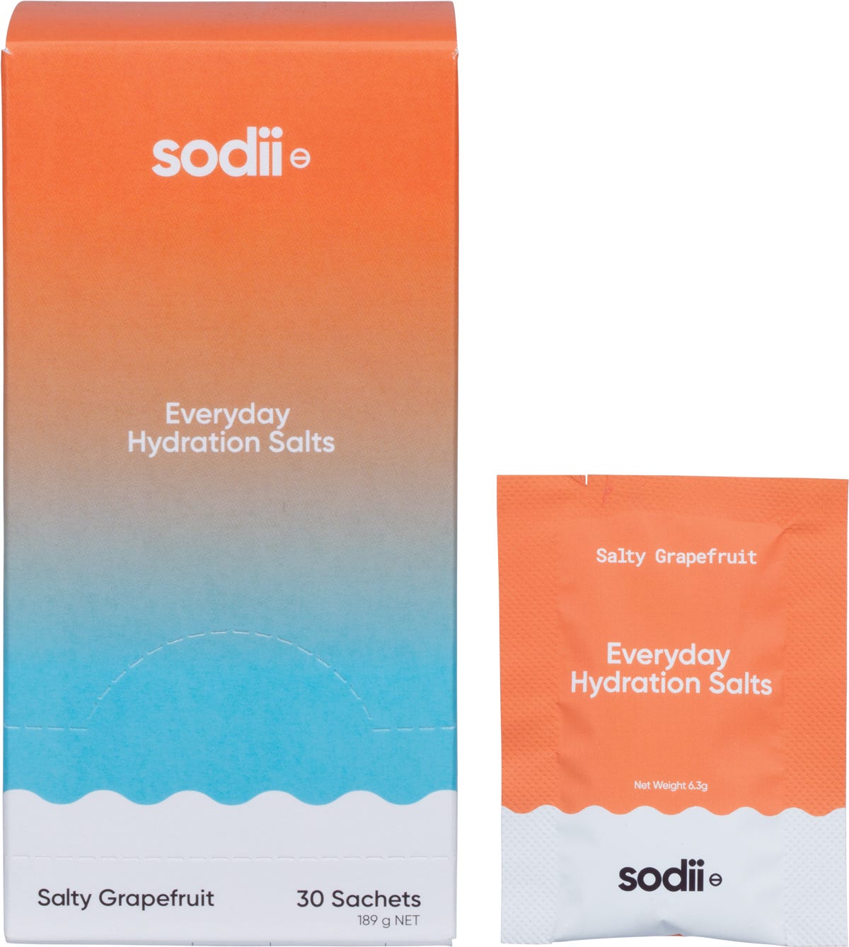 Sodii Salty Grapefruit 30 pack display box and a single hydration salt sachet on a white background.