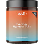 185g tub of Sodii Everyday Hydration Salts in Salty Grapefruit flavor, featuring a white and orange label.