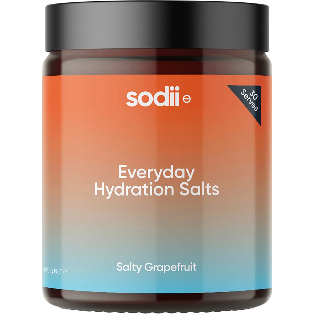 185g tub of Sodii Everyday Hydration Salts in Salty Grapefruit flavor, featuring a white and orange label.