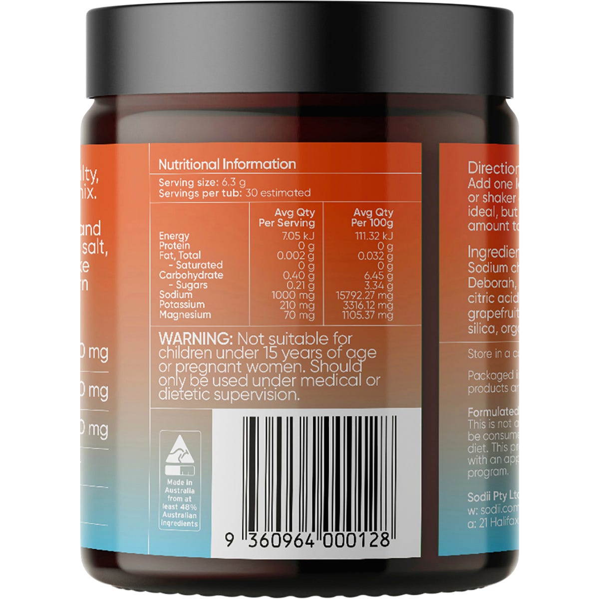 Back of Sodii Salty Grapefruit 185g tub showing nutritional information and ingredients on a white and orange label.