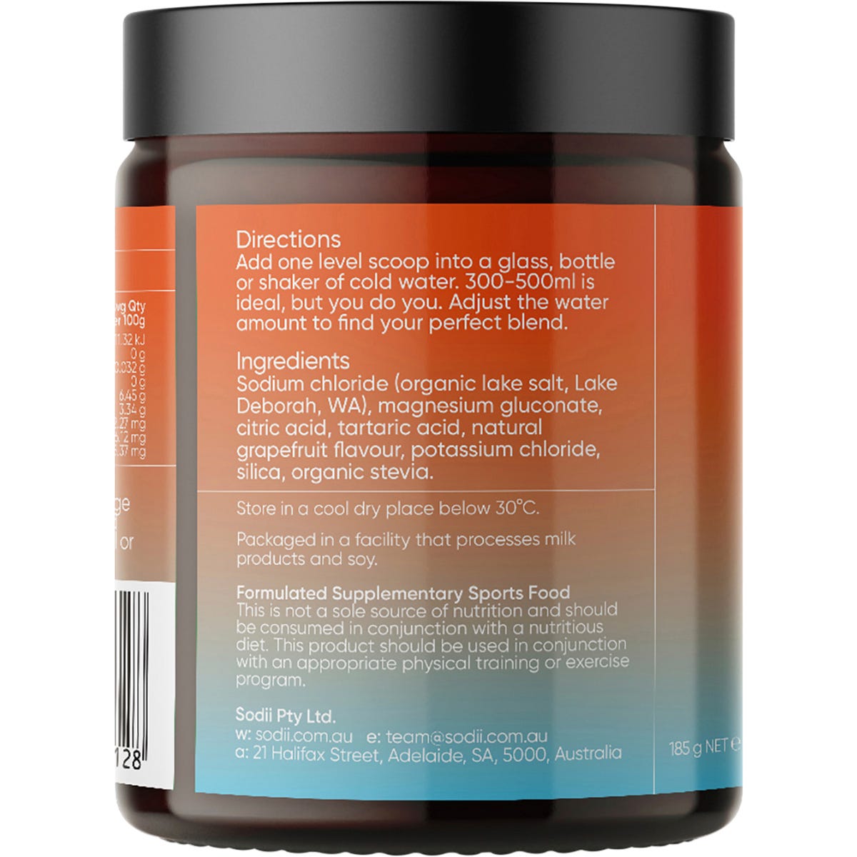 Side view of Sodii Salty Grapefruit 185g tub highlighting its 100% natural Australian lake salt and electrolyte benefits.